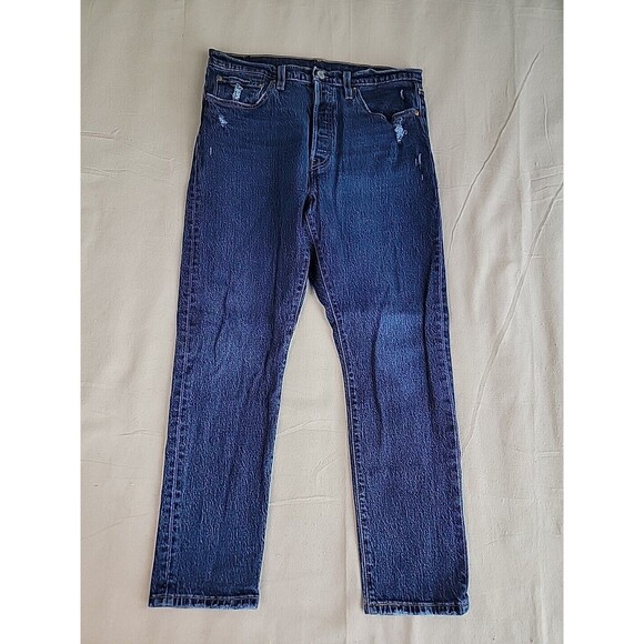 Levis 501 Jeans Mens 32x286 Dark Blue Button Fly Distressed Mid Rise Stretch - Picture 1 of 14